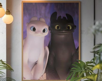 Iconic Toothless and Light Fury Poster | HTTYD Dragon Love Wall Art | Bold Magical Aesthetic Print | Iconic Hidden World Fan Gift Room Decor