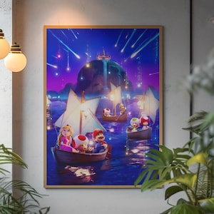May include: A framed print featuring a vibrant illustration of characters in boats sailing on a dark blue sea under a starry night sky. The artwork showcases a fantasy landscape with a mountain and falling stars, with characters in boats.