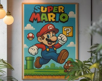 Super Mario Retro Poster | Vintage Nintendo Mushroom Kingdom Wall Art | Bold Pixel Aesthetic Print | Iconic Mario Bros Fan Gift Room Decor