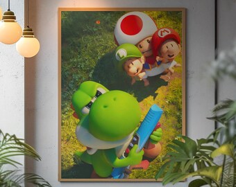 Póster de Super Mario y Yoshi / Arte mural retro de Nintendo Dino Adventure / Estampado con estética llamativa del Reino Champiñón / Regalo icónico para fans de Mario y decoración de habitaciones