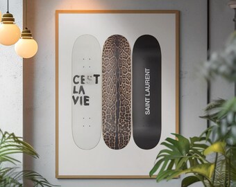 Estetisk mode-skateboardväggkonst | Lyxposter för år 2000 | Skateboardtryck från Saint Laurent | Svartvit redaktionell dekor