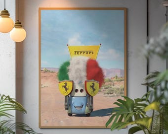 Cars 1 Luigi Ferrari Poster | Pixar Radiator Springs Wall Art | Bold Italian Racing Aesthetic Print | Iconic Casa Della Tires Fan Decor