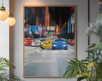 Póster estético de Cars 2 / Arte de pared retro de Pixar Radiator Springs / Lámina llamativa de Lightning McQueen corriendo / Decoración icónica para la habitación de un fan de la Ruta 66