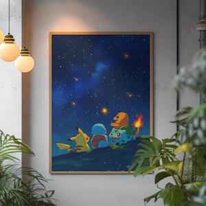 Póster retro de Pokémon / Arte de pared vintage de Nintendo Pikachu del Reino Champiñón / Estampado con estética anime llamativa / Regalo ideal para fans de entrenadores icónicos