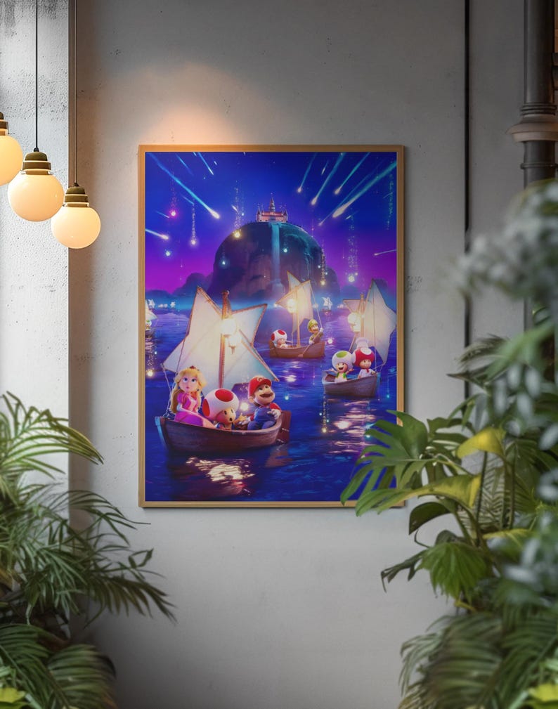 May include: A framed print featuring a vibrant illustration of characters in boats sailing on a dark blue sea under a starry night sky. The artwork showcases a fantasy landscape with a mountain and falling stars, with characters in boats.