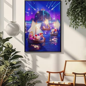May include: A framed print depicts a nighttime scene with cartoon characters in small sailboats on a body of water. The background features a glowing island and a starry sky with shooting stars. The boats have white sails and are filled with colorful characters.