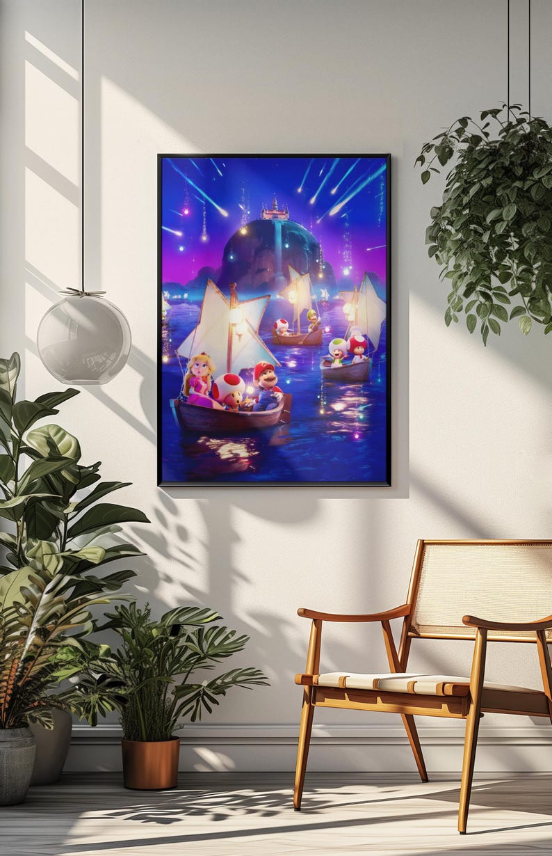 May include: A framed print depicts a nighttime scene with cartoon characters in small sailboats on a body of water. The background features a glowing island and a starry sky with shooting stars. The boats have white sails and are filled with colorful characters.