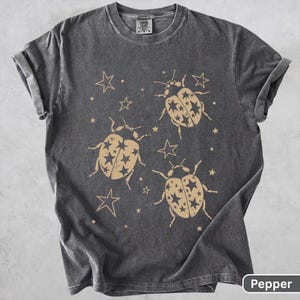 Op de afbeelding: Een antracietgrijs t-shirt met korte mouwen, een ronde hals en opgerolde mouwen. De voorkant heeft een lichtbeige grafische print van drie kevers met sterpatronen op hun rug, omringd door sterren van verschillende groottes en kleine stippen.