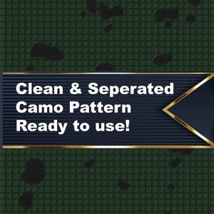 Peut inclure: Un motif de camouflage vert foncé avec des taches noires et un motif de grille carrée texturée. L'image comprend le texte "Clean & Separated Camo Pattern Ready to use!" en blanc sur une bannière bleu marine avec une bordure dorée.