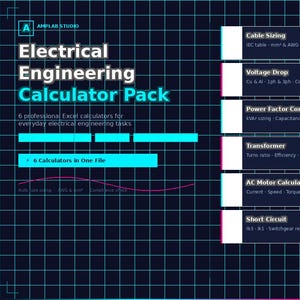 Può includere: Grafica digitale per un pacchetto di calcolatrici di ingegneria elettrica. L'immagine presenta uno sfondo a griglia blu scuro con testo bianco e verde acqua. Il pacchetto include 6 calcolatrici Excel per attività di ingegneria elettrica.