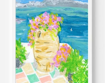 Griechenland Gemälde, "Ein Balkon in Griechenland, Sommer Kunst, Reisedrucke, Inseln, Mittelmeer, Impressionismus."