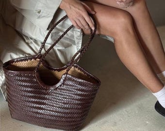 Handwoven Cowhide Leather Hobo Bag – Soft Genuine Leather Shoulder Basket Bag – Large Woven Tote Purse – Bohemian Luxury Handbag for Women