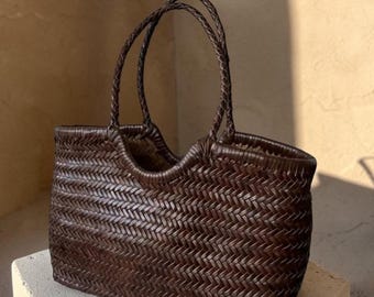Handwoven Cowhide Leather Hobo Bag – Soft Genuine Leather Shoulder Basket Bag – Large Woven Tote Purse – Bohemian Luxury Handbag for Women