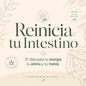 Może przedstawiać: Cyfrowa grafika na kremowym tle z ciemnozielonym tekstem o treści Reinicia tu Intestino, 21 días para tu energía, tu ánimo y tu mente oraz Protocolo Digital. Zawiera rysunki liniowe jelita, liści oraz okrągłe odznaki z napisami.