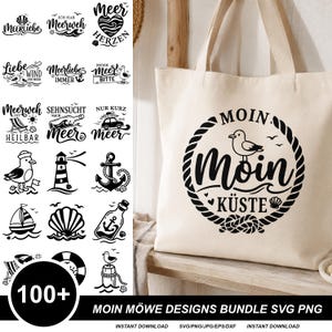 Op de afbeelding: Een beige canvas tas met een zwarte grafische print van een meeuw, golven en een touwrand met de tekst MOIN MOIN KÜSTE. De afbeelding toont ook een verzameling van diverse nautische zwart-wit grafische ontwerpiconen.