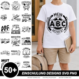 May include: A white t-shirt featuring a black graphic print that reads MEIN ABC MOMENT in a circular design. The image also displays a collection of over 50 black and white digital designs related to school themes, including text and icons like books, pencils, and backpacks.