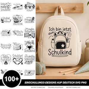 May include: A beige backpack featuring a black graphic print of a school bag, a pencil, and the German text Ich bin jetzt ein Schulkind. The image also displays a collection of various black and white school-themed digital design files.