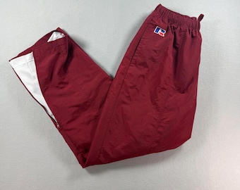 VTG Russell Red/Burgundy Athletic Track Pants Lined Windbreaker Zip Leg Large