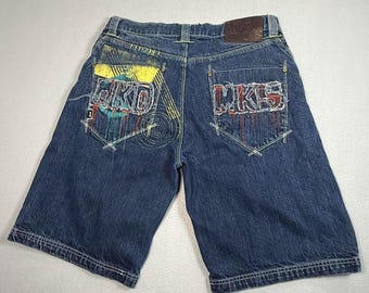 Vintage Y2K 2000s Embroidered Akademiks Baggy Wide Leg Denim Shorts Size 34