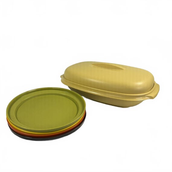 Vintage 1970er Tupperware Ernte Farben Set Mikrowellen Auflaufform & 4 Teller