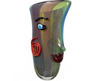 Vintage Murano 80s Double Sided Multicolor Glass Face Vase Applied Features