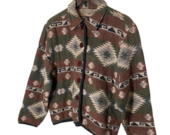 Women's Vintage New Direction Large Geometric Pattern Utility Jacket 100% Cotton