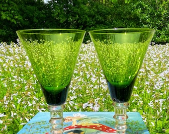 Vintage Glass Green Goblet Set Si-An Cristallarie Italian Handblown Glass 1960s