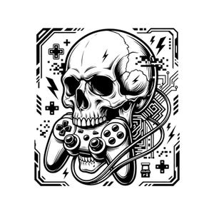 May include: A black and white graphic illustration featuring a human skull biting down on a video game controller. The design includes digital circuit patterns, lightning bolts, and directional pad icons, all enclosed within a rectangular border.