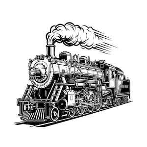 May include: Black and white illustration of a vintage steam train. The train features a large headlight, a prominent smokestack with billowing smoke, and the words "Canadian Pacific" on the side. The number "49" is visible on the front.