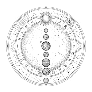 Puede incluir: Ilustración detallada en blanco y negro de una carta celestial. El diseño presenta el sol, los planetas, los símbolos del zodiaco, las constelaciones y un reloj. Los planetas están alineados en el centro, rodeados de anillos de símbolos astrológicos.