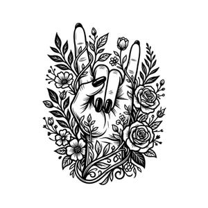 Puede incluir: Ilustración en blanco y negro de una mano haciendo el signo de la paz, rodeada de elementos florales detallados. La mano tiene esmalte de uñas negro. El diseño incluye rosas, hojas y otros detalles botánicos.