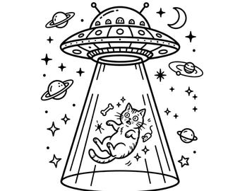 Enlèvement de chat drôle OVNI SVG PNG, conception de chemise extraterrestre vaisseau spatial Space Kitty, soucoupe volante Cricut coupe fichier
