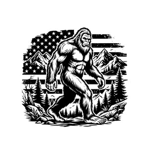 May include: Black and white illustration of Bigfoot walking in front of an American flag and mountain range. The image features a detailed depiction of the legendary creature, with a rugged, textured appearance.