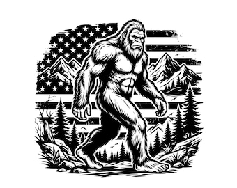 Puede incluir: Ilustración en blanco y negro de Bigfoot caminando frente a una bandera estadounidense y una cordillera. La imagen presenta una representación detallada de la criatura legendaria, con una apariencia rugosa y texturizada.