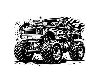 Monster Truck SVG PNG, fichier coupé camion flamme, 4 x 4 SVG tout-terrain, conception de camion grande roue, décoration de chambre de garçon, fichier Cricut chemise Monster Jam