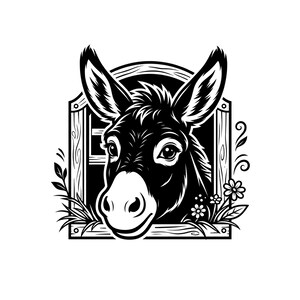May include: A black and white graphic illustration of a donkey head peering through a wooden window frame. The donkey has large ears and a light-colored muzzle. The design is accented with small flowers and leaves on the sides of the frame.