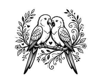 Love Birds Couple SVG PNG | Conception romantique de baiser de perroquet | Fichier de coupe Cricut Silhouette
