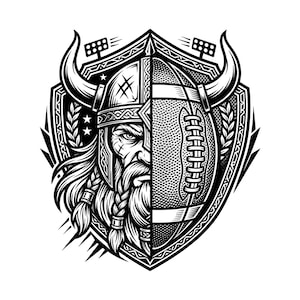 May include: A black and white graphic illustration featuring a split design. One side shows a bearded Viking warrior wearing a horned helmet, while the other side depicts a textured American football. Both are framed within a decorative shield.