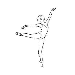 Peut inclure: Dessin au trait minimaliste en noir et blanc d'une ballerine dans une pose gracieuse. La danseuse porte un justaucorps et des pointes, avec une jambe tendue et les bras levés, capturant l'élégance du ballet.