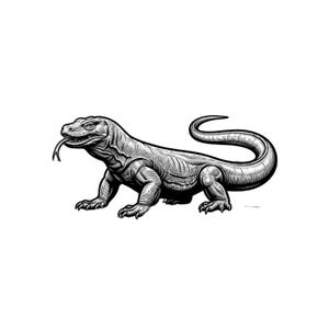 Könnte beinhalten: Eine schwarz-weiße Strichzeichnung eines Komodowarans in Seitenansicht. Die Eidechse ist mit einem strukturierten, geschuppten Körper, scharfen Krallen an den Füßen und einer langen, gespaltenen Zunge dargestellt, die aus dem Maul ragt.
