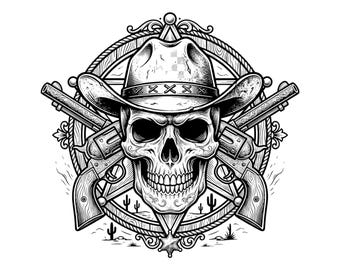 Crâne de cow-boy avec des pistolets SVG PNG | Conception de tireur d'élite du Far West | Fichier de coupe Cricut