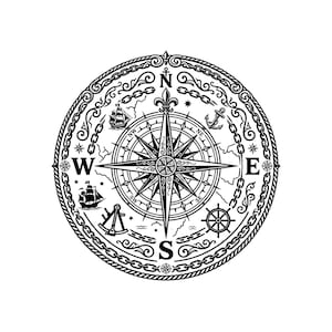 May include: Black and white nautical compass design. The compass rose is encircled by a chain and rope border, with illustrations of ships, anchors, and a ship's wheel. The cardinal points are clearly marked.