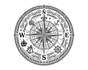 Könnte beinhalten: Schwarz-weißes nautisches Kompassdesign. Die Kompassrose ist von einem Ketten- und Seilrand umgeben, mit Illustrationen von Schiffen, Ankern und einem Steuerrad. Die Himmelsrichtungen sind deutlich markiert.