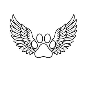 May include: A black and white graphic of a paw print with angel wings. The paw print has four toes and a pad, with detailed wings on either side. The design is simple and elegant, perfect for pet lovers.