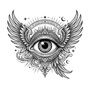 May include: A black and white graphic illustration featuring a central human eye surrounded by intricate ornamental patterns, stylized wings extending from the sides, and celestial elements including small stars and crescent moons.