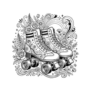 May include: A black and white line art illustration of a pair of roller skates decorated with intricate floral patterns, including roses and daisies, surrounded by swirling decorative flourishes, fern leaves, and small sparkling star accents.