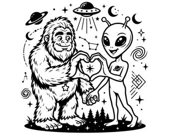 Bigfoot Alien coeur mains SVG PNG | Conception drôle d'amitié de science-fiction | Fichier de coupe Cricut