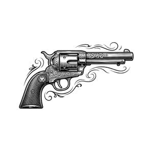 May include: Detailed black and white illustration of a revolver. The gun features intricate floral engravings on the frame and handle, with a stylized bird emblem. Swirling lines emanate from the gun, adding a decorative element.
