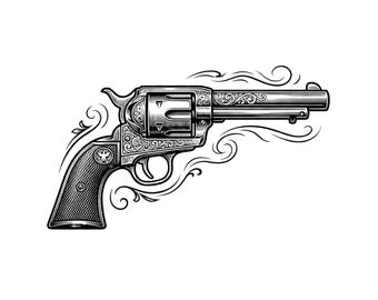Revolver pistolet SVG, PNG vintage d'arme de poing, conception de tatouage de pistolet Western, graphique d'arme à feu de cow-boy, fichier de coupe Cricut