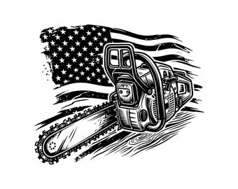 Tronçonneuse drapeau américain SVG PNG, conception de vecteur de bûcheron bûcheron, Clipart bûcheron patriotique, Art extérieur forestier rustique